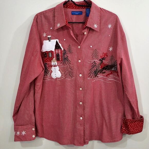 Karen Scott Women's Sport Button Up Christmas Long Sleeve Red White Size XL - Picture 1 of 12
